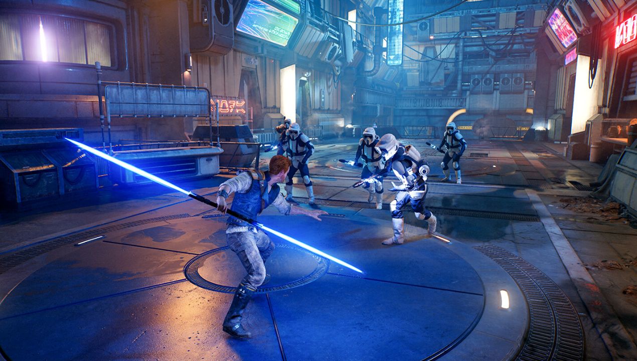 Cal wields his double-bladed saber, facing down stormtroopers on a neon-lit street