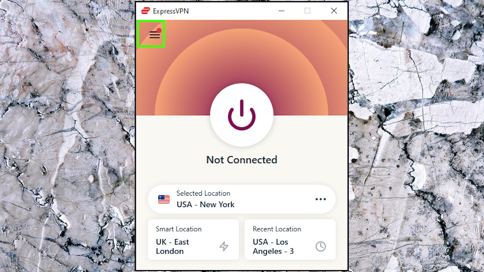 The ExpressVPN Windows app menu