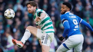 Celtic's Anthony Ralston in action with Rangers' Youssef Chermiti during a William Hill Premiership match between Celtic and Rangers at Celtic Park, on January 03, 2026, in Glasgow, Scotland.