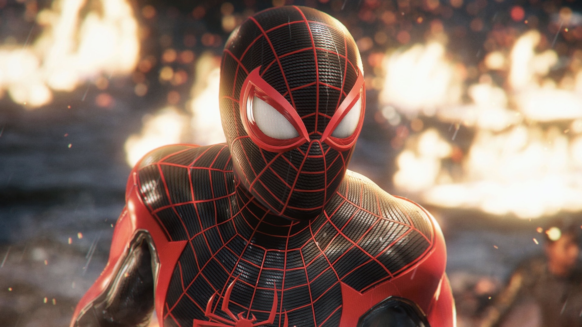 A close up of Miles Morales in his Spider-Man suit