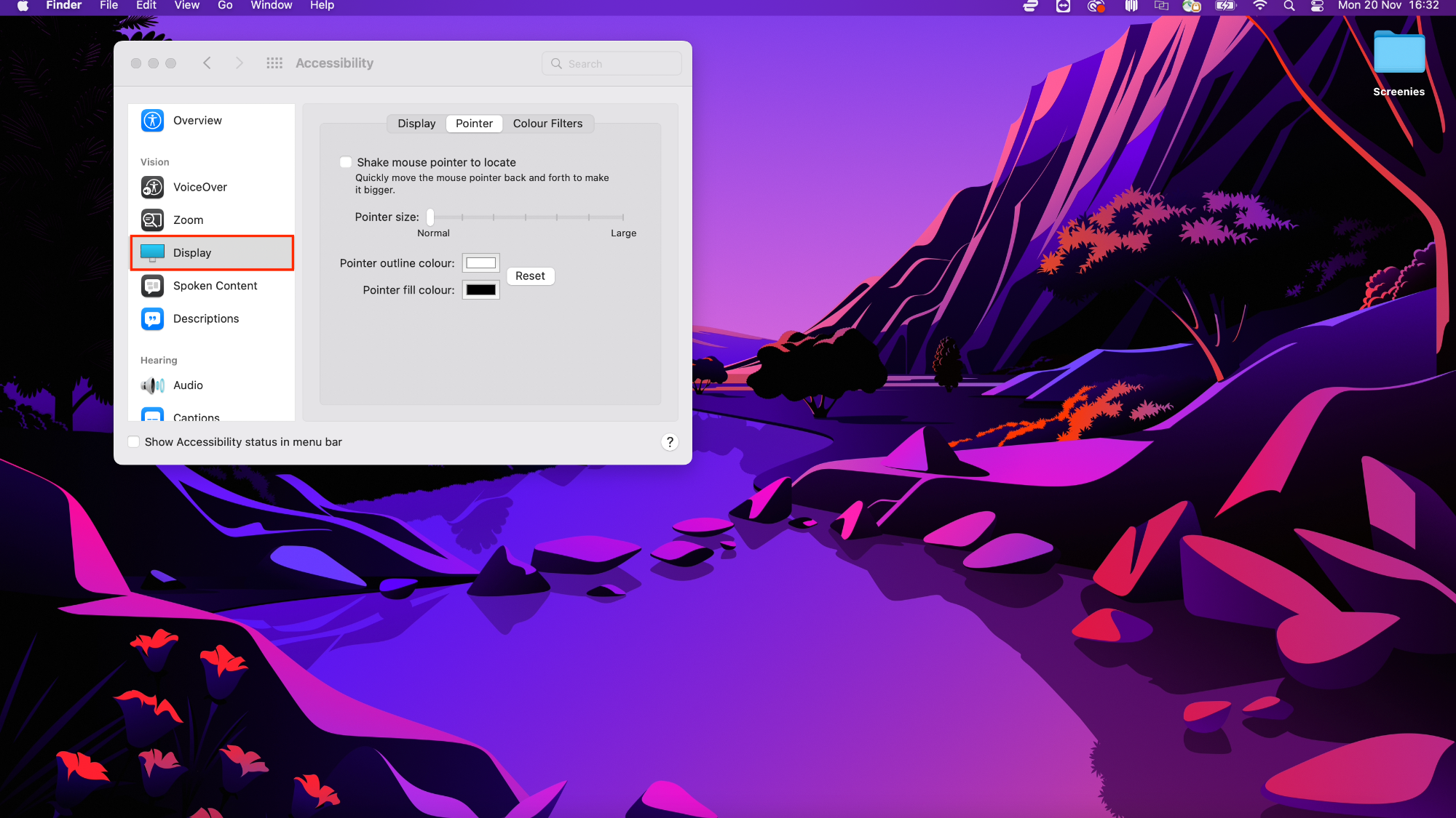 How to change mouse cursor on macOS - red rectangle around the Display menu 