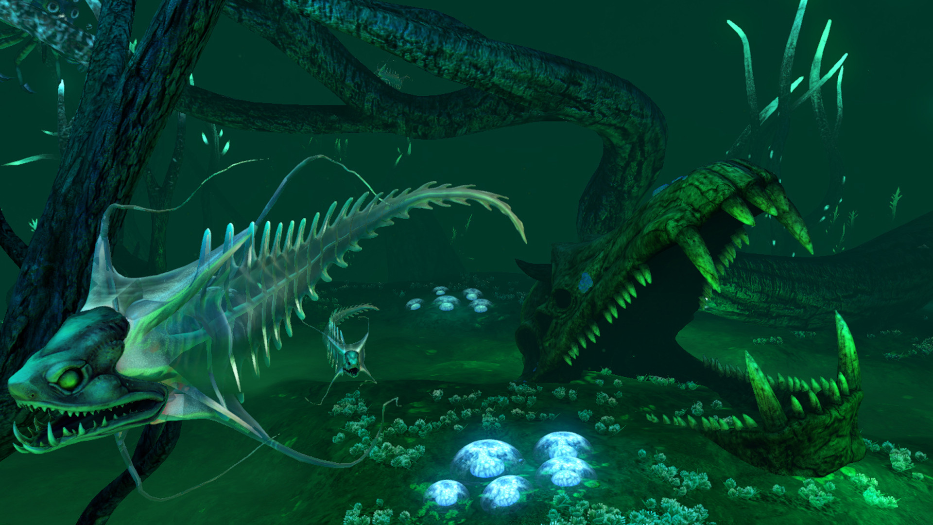 best survival games: The watery grave of a sea monster in Subnautica, surrounded by alien fish