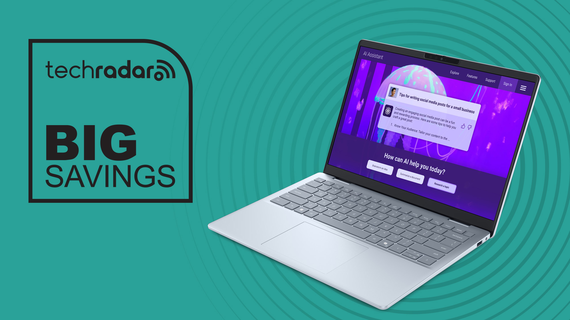 A Dell 14 Plus against a cyan TechRadar deals background