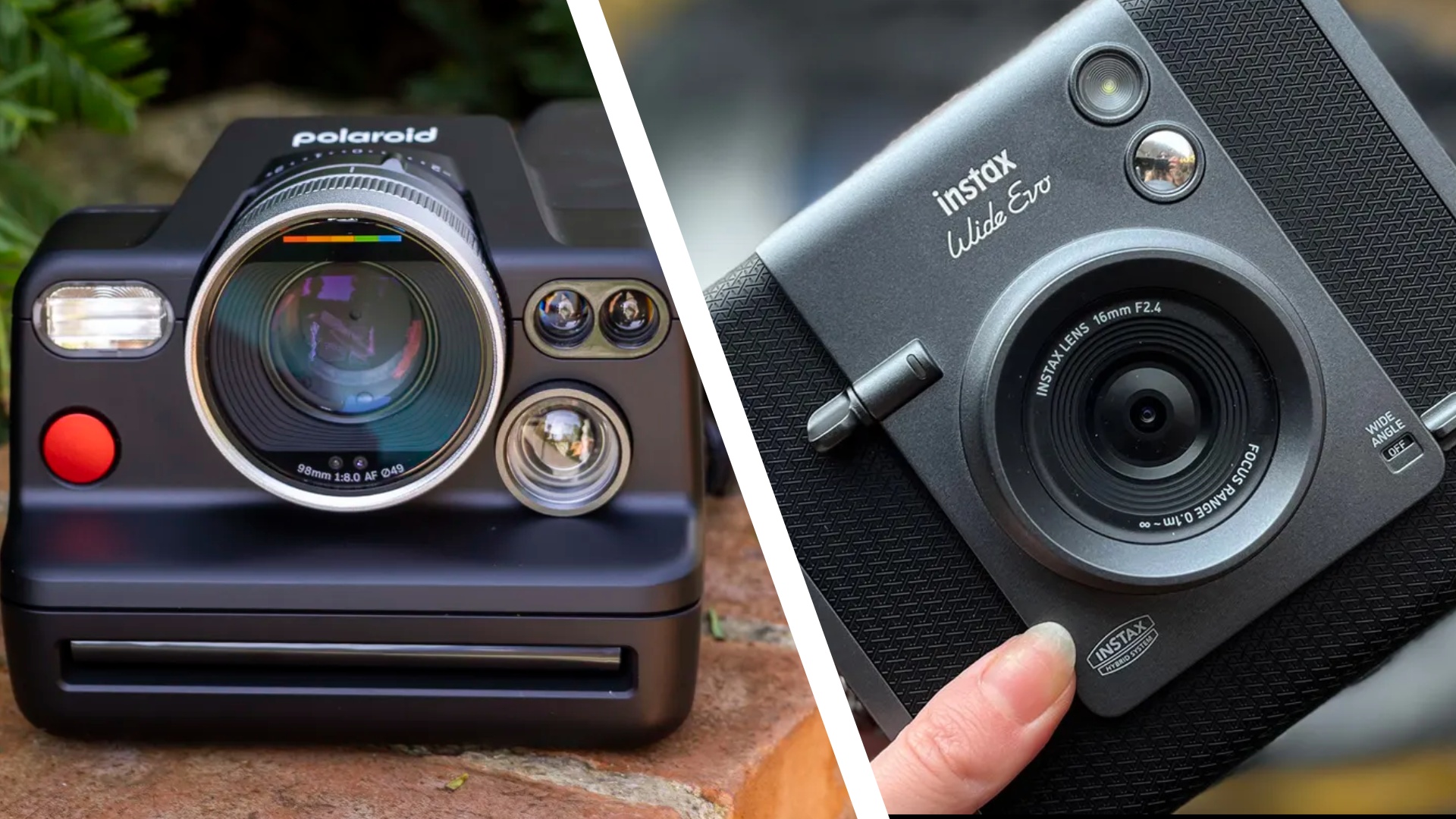 Split image with a Polaroid I-2 camera on the left and an Instax Wide Evo camera on the right