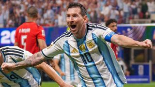 Lionel Messi celebrates scoring Argentina's second goal during the FIFA World Cup 2026 Round of 16 match between Argentina and Egypt at Atlanta Stadium on July 7, 2026 in Atlanta, United States
