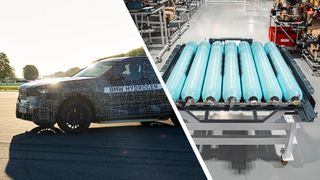 The BMW iX5 Hydrogen next to a row of fuel cells