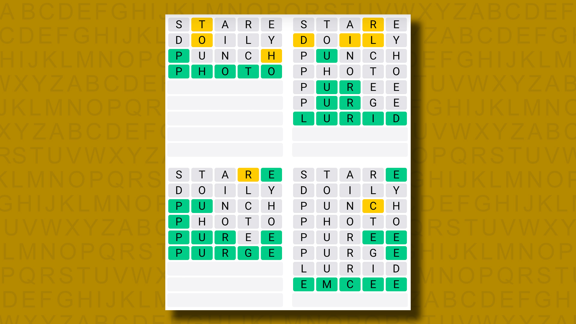 Quordle answers for game 854 on a yellow background