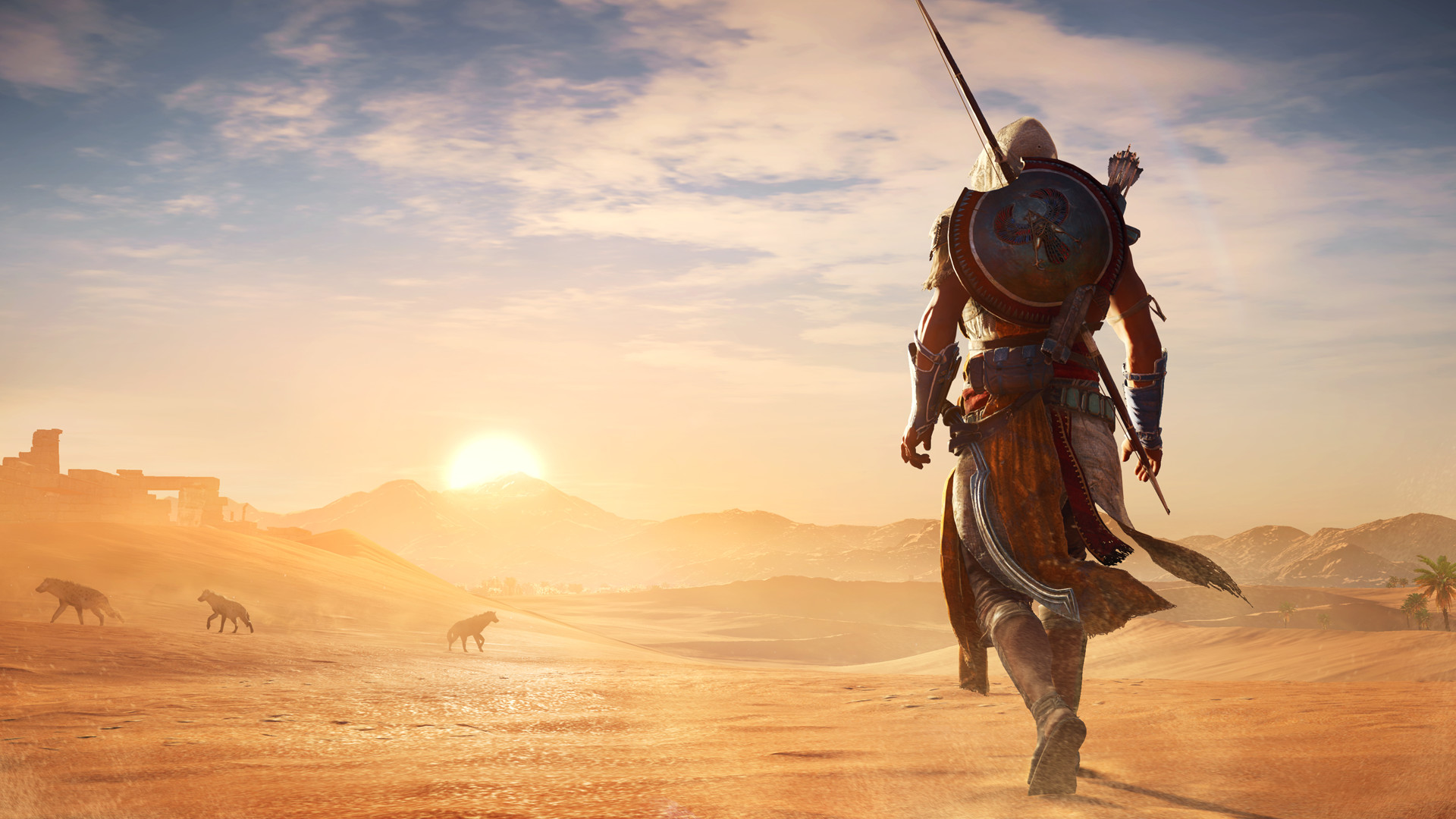 Protagonist Bayek walking through the Egyptian desert