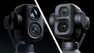 The twin camera lenses of the Xtra Muse 2 Pro on a black background, next to the dual lenses of the DJI Osmo Pocket 4 Pro