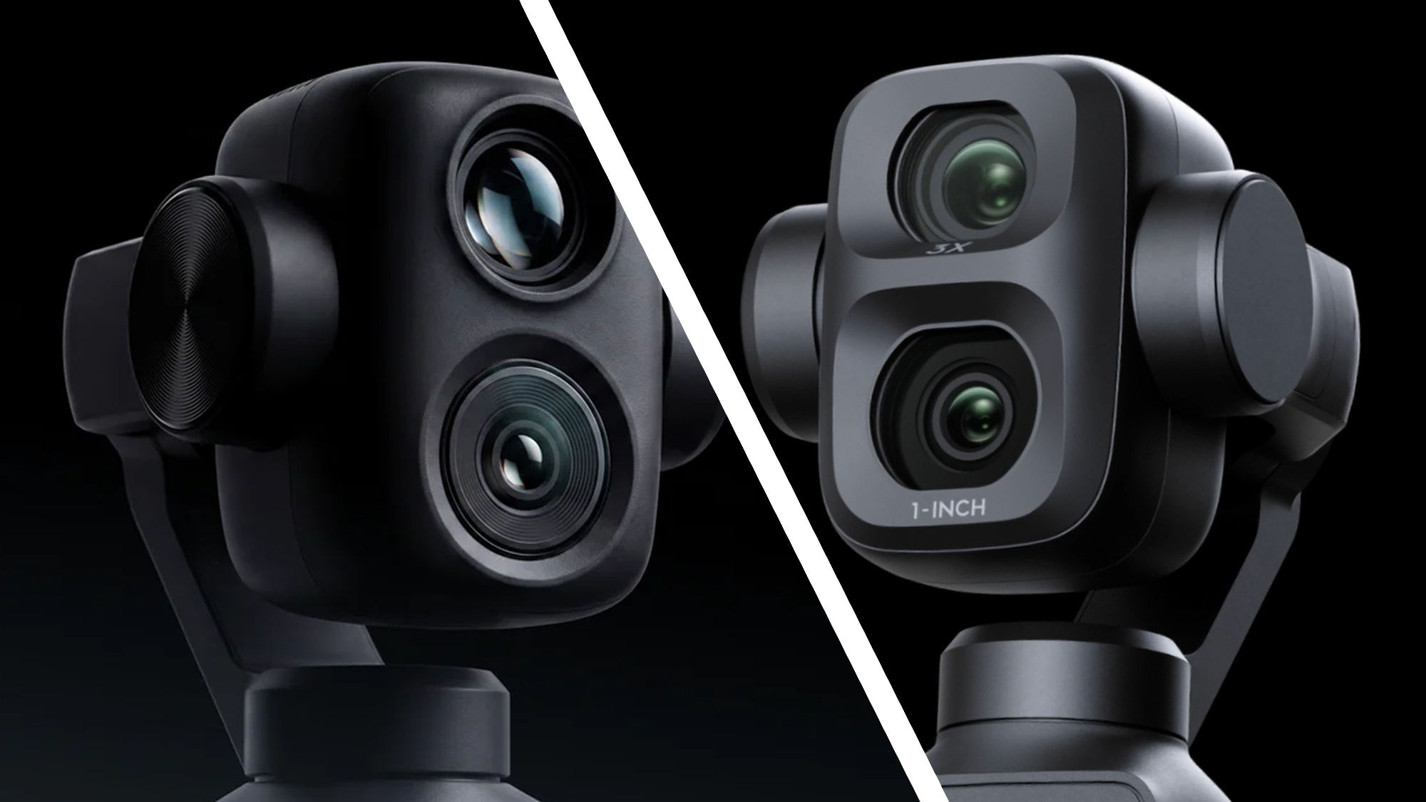 The twin camera lenses of the Xtra Muse 2 Pro on a black background, next to the dual lenses of the DJI Osmo Pocket 4 Pro