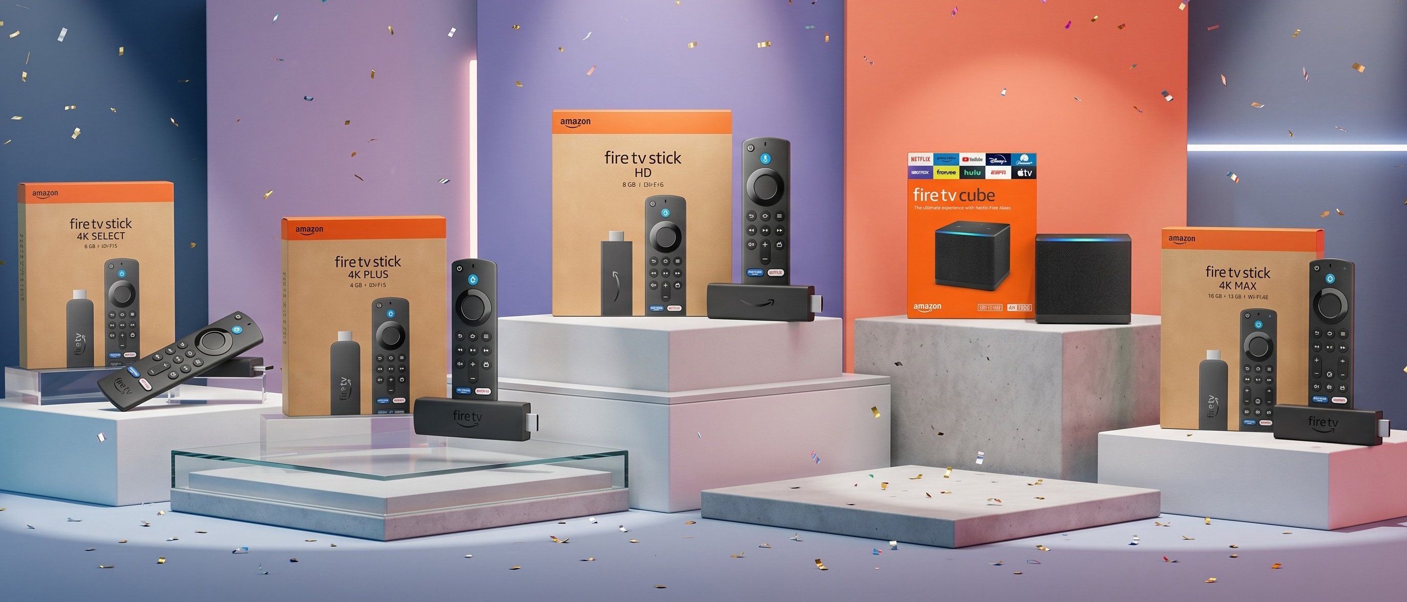 Selection of Fire TV sticks displayed on a podium