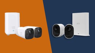 The EufyCam 2 on an orange background next to the Arlo Ultra 2 on blue background