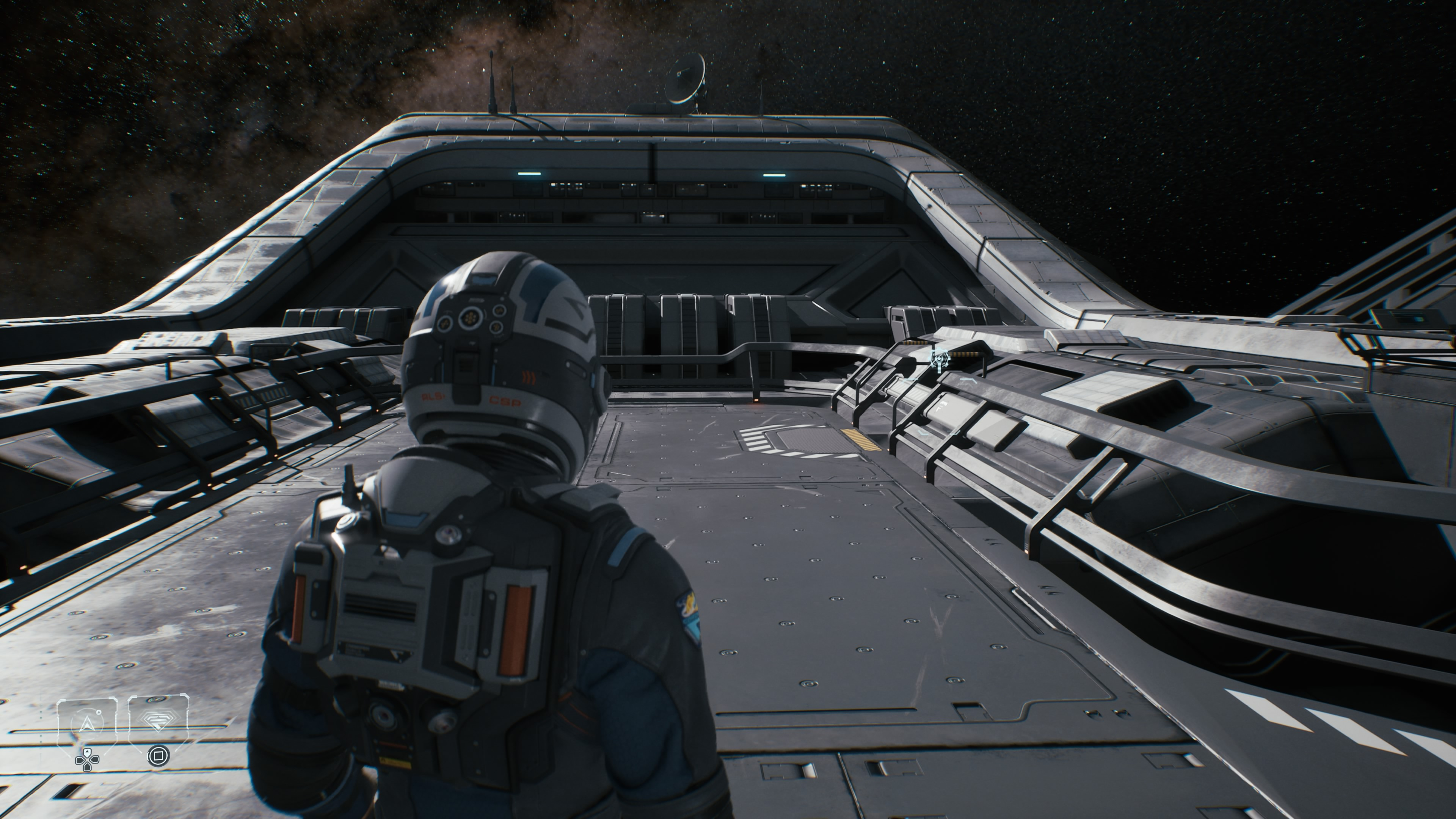 Screenshot from Directive 8020 showing a character on the top of the ship outside
