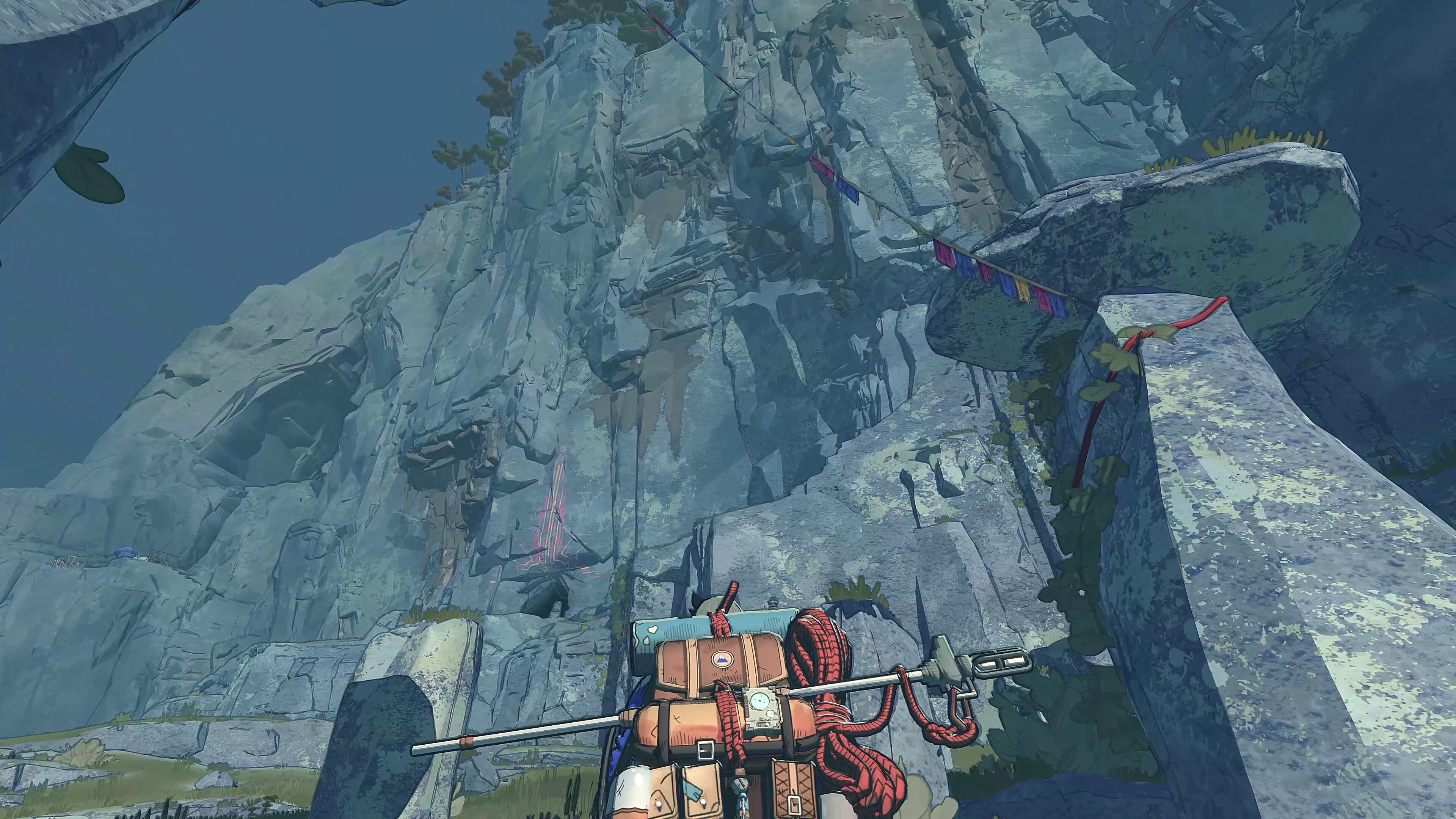 A screenshot from the climbing game Cairn showing the player character, mountains, and gear