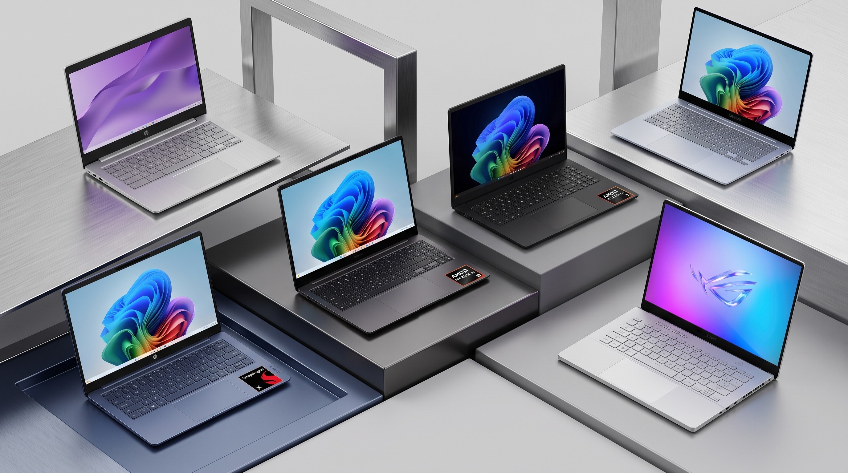 A collage of laptops from LG, HP, Acer, Samsung and Asus that are available in the latest Best Buy sale spread across a metal tabletop.