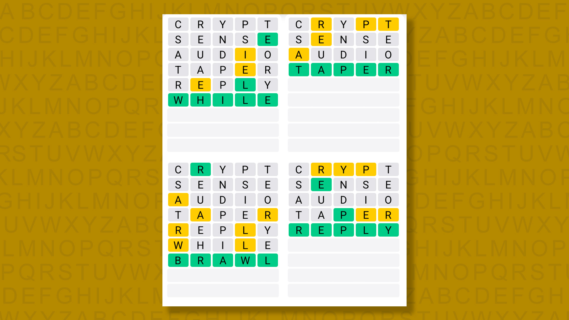 Quordle answers for game 1587 on a yellow background