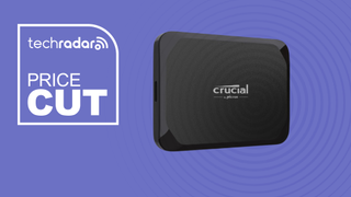 Crucial 4TB X9 SSD on a purple techradar background with wording 'price cut'