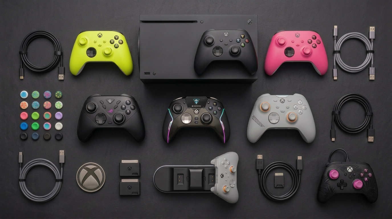 The Xbox Series X, Xbox Wireless Gaming Controller, Asus ROG Raikiri II Wireless, Turtle Beach Stealth Ultra, Scuf Valor Wireless, and PowerA Advantage Plus.