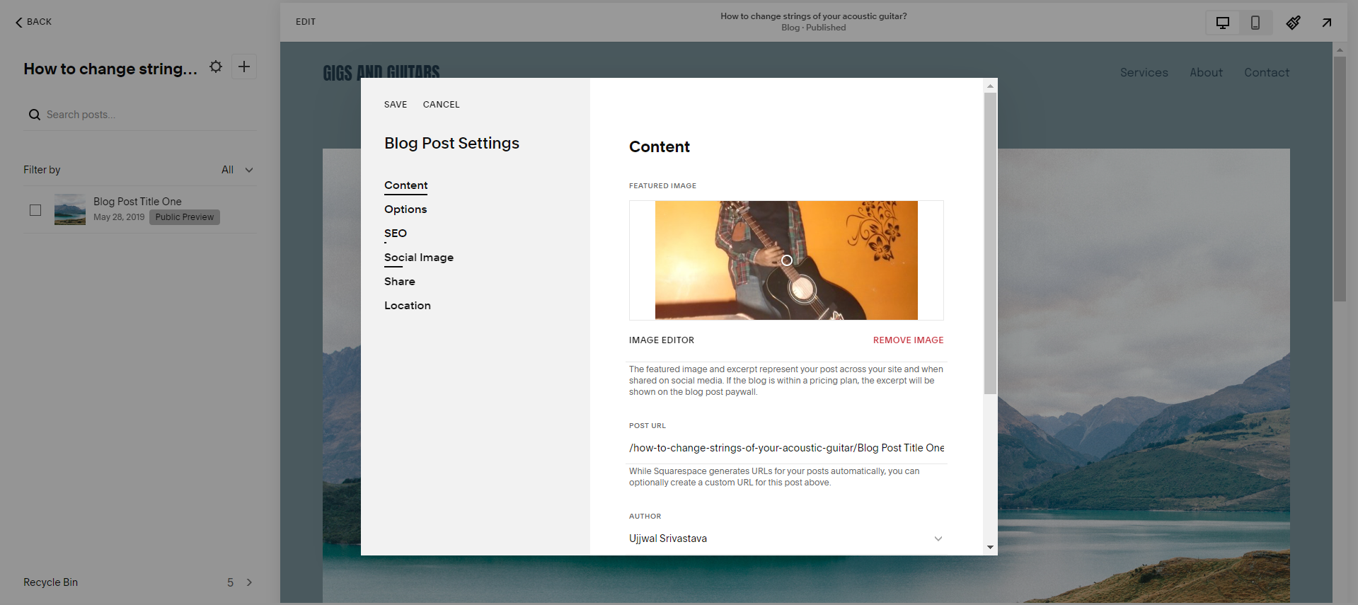 screeshot of the blog making process on squarespace