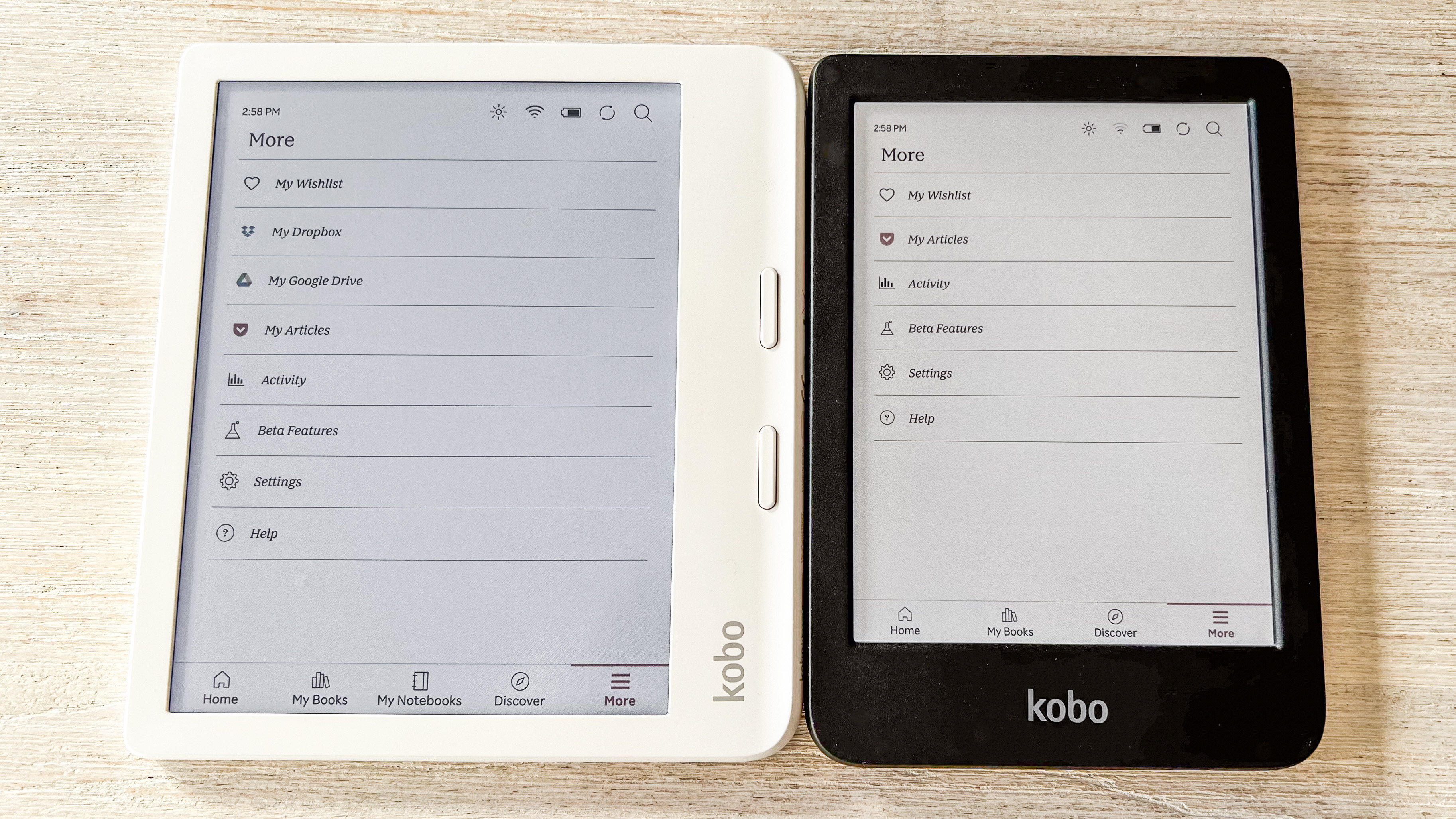Kobo Clara Colour beside the Kobo Libra Colour showing the settings pane
