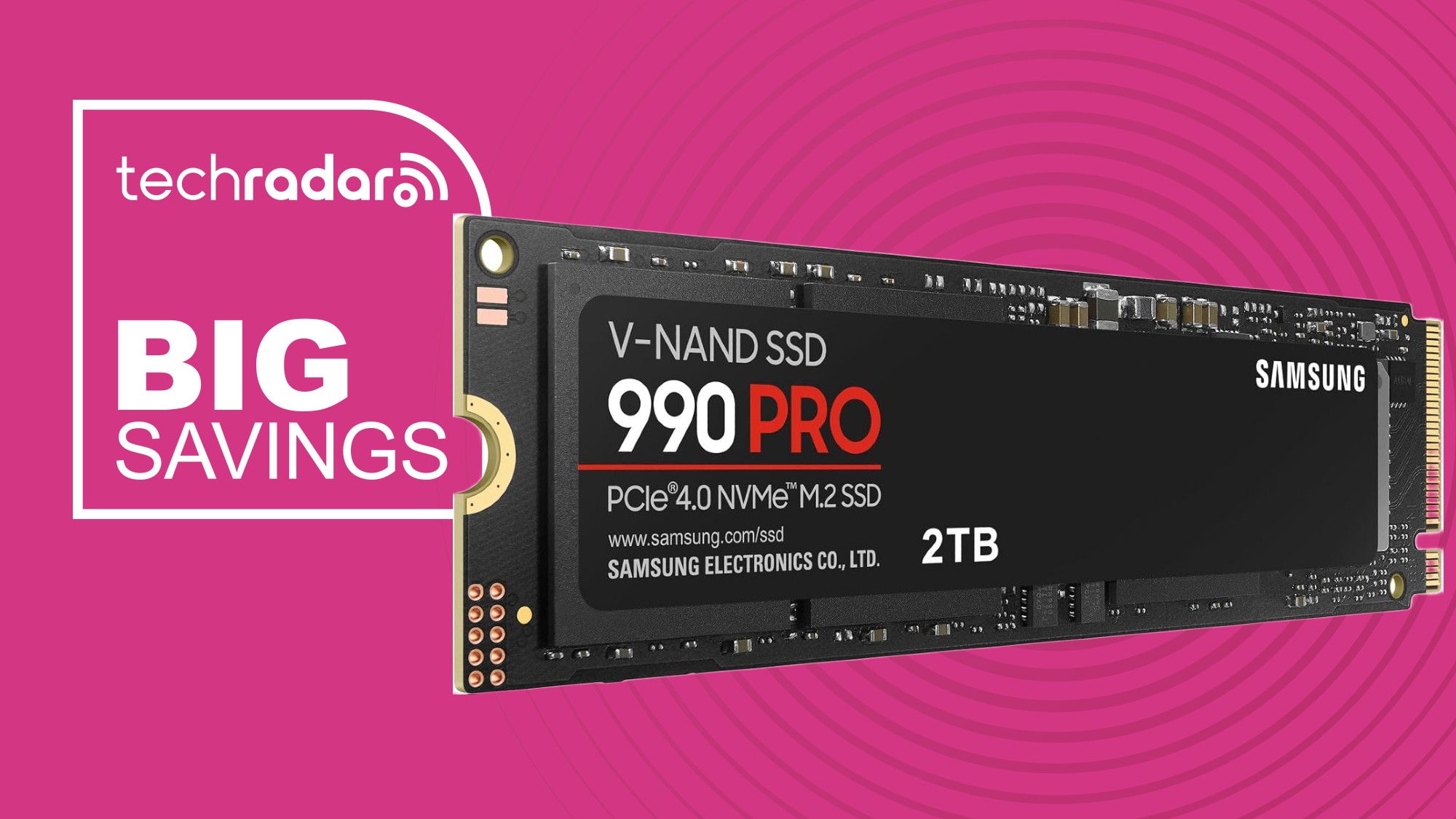 The Samsung 990 Pro SSD on a pink background next to a TechRadar badge that reads 'Big Savings'