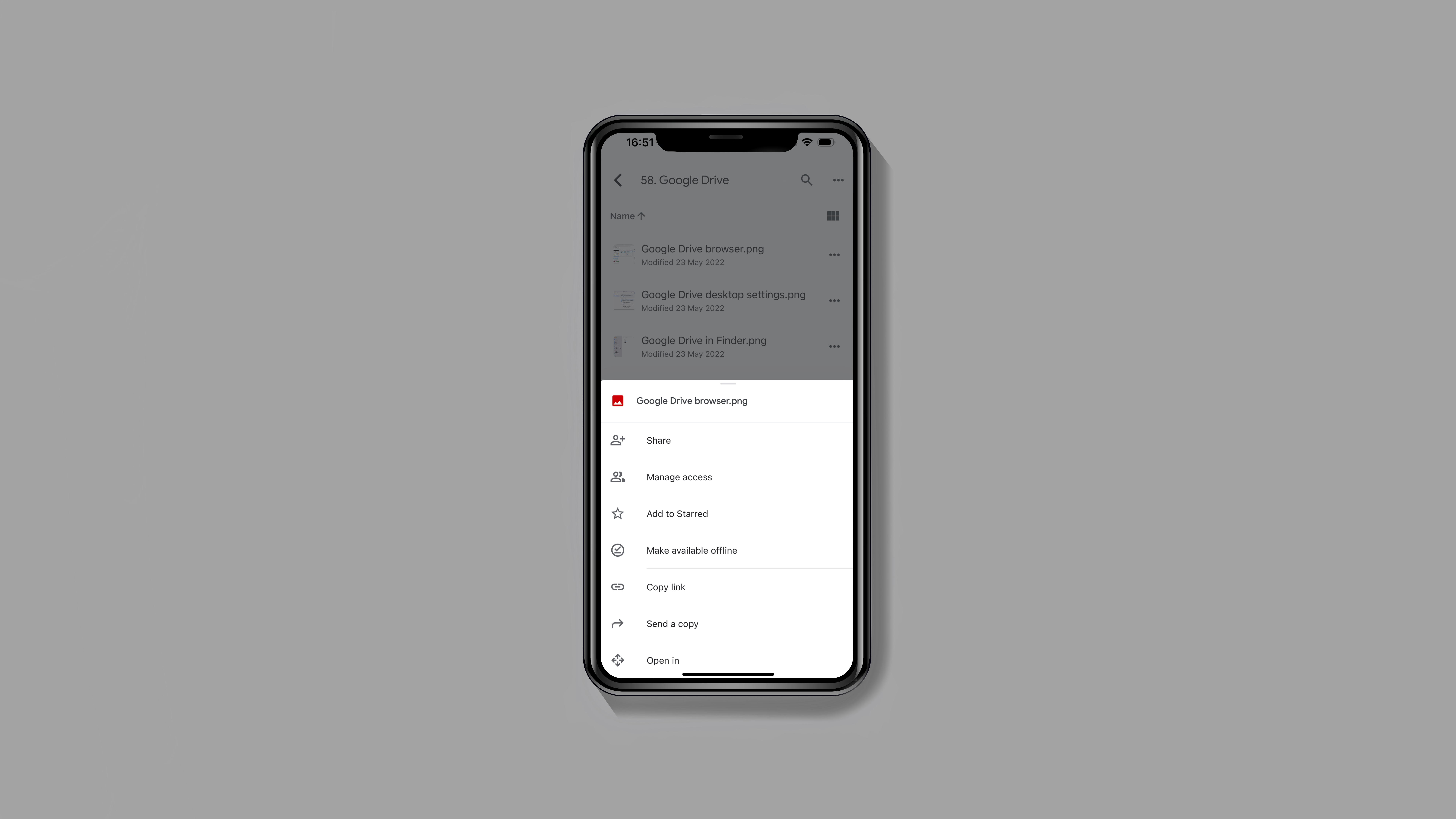 Google Drive menu on app iPhone