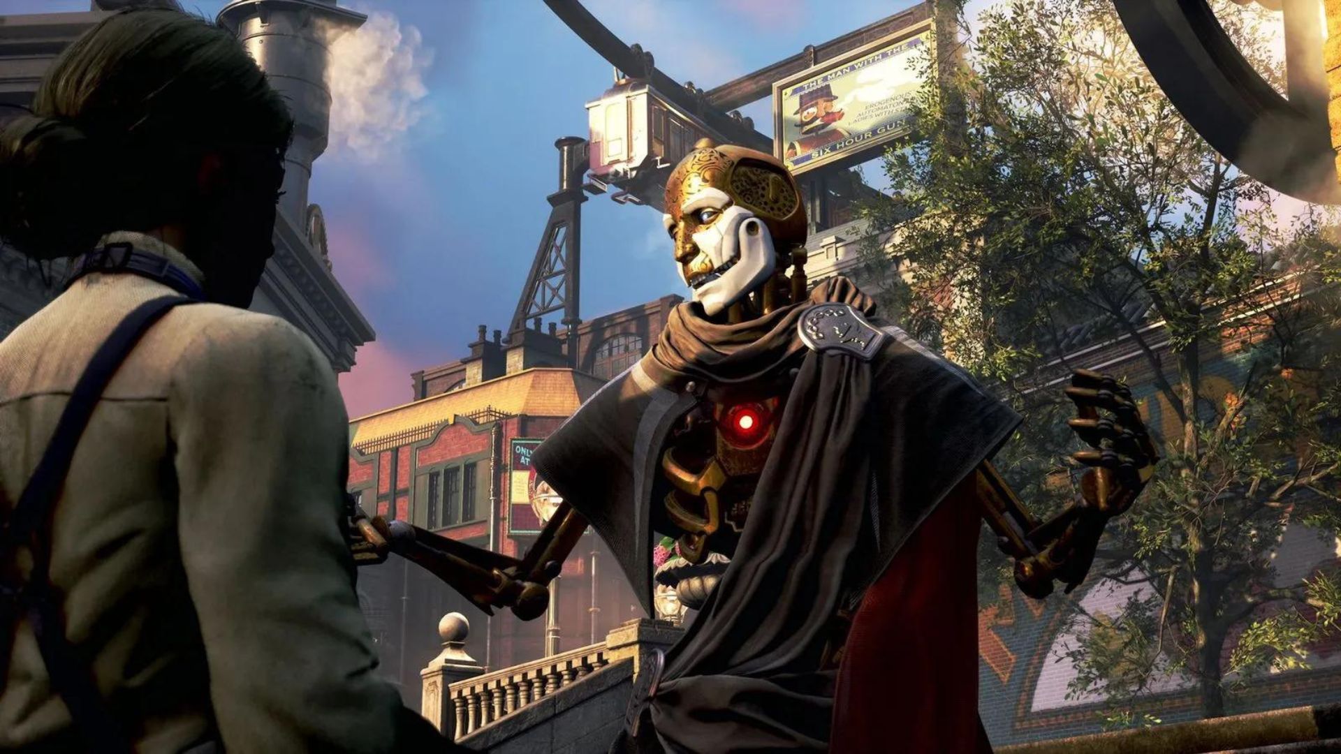 A screenshot showing a citizen of Avalon talking to a robotic entity in upcoming Xbox Game Studios game, Clockwork Revolution