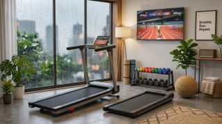 Image of SuperRun walking pad and nordictrack treadmill in a home gym on a rainy day