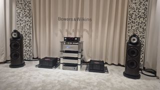 Bowers & Wilkins 801 D5 setup with pre-amps, power amp, and music streamer