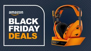 The orange Logitech Astro A50 X McLaren Edition Lightspeed in front of a navy background, featuring the words 'Amazon Black Friday Deals' in white and orange.