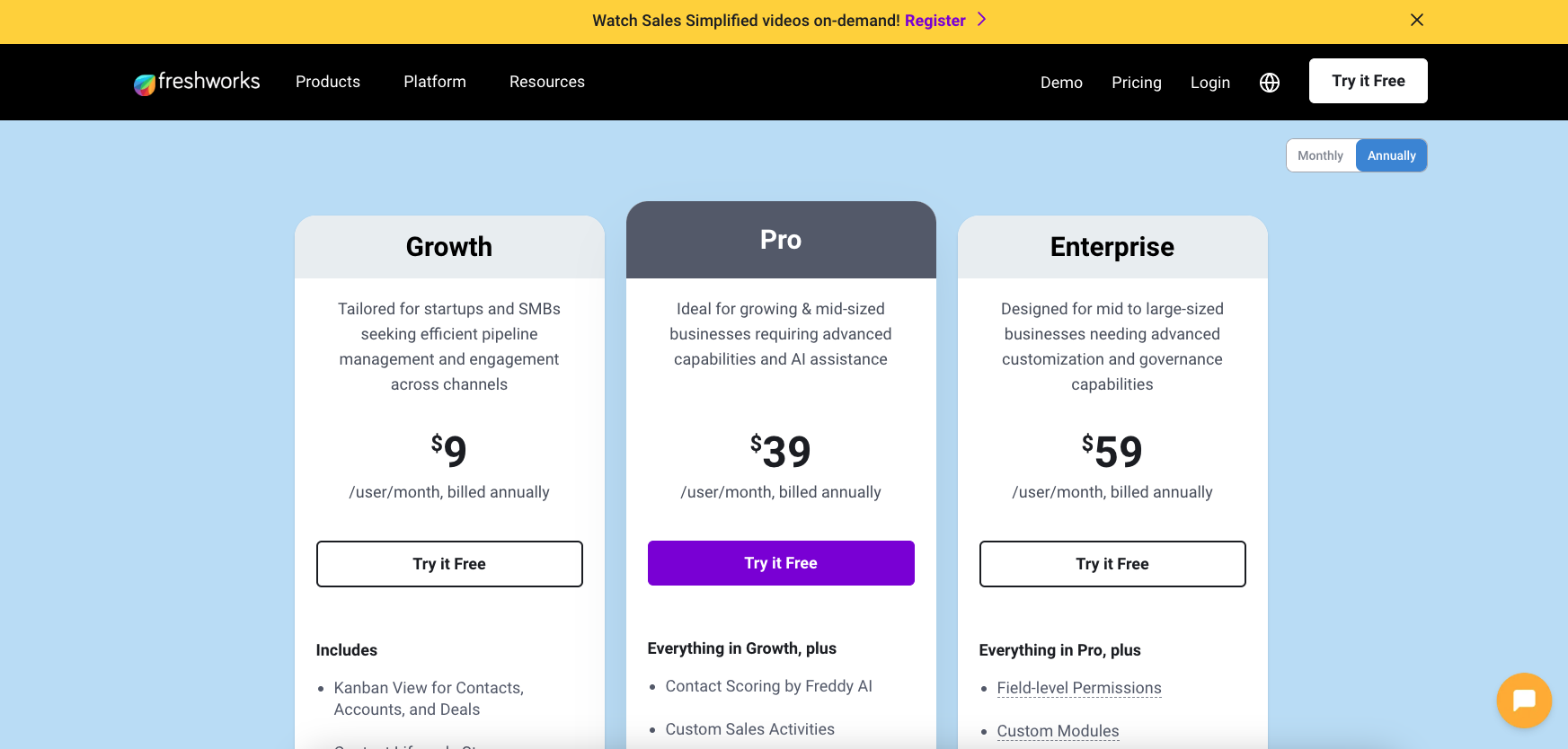 Screenshot of freshsales CRM