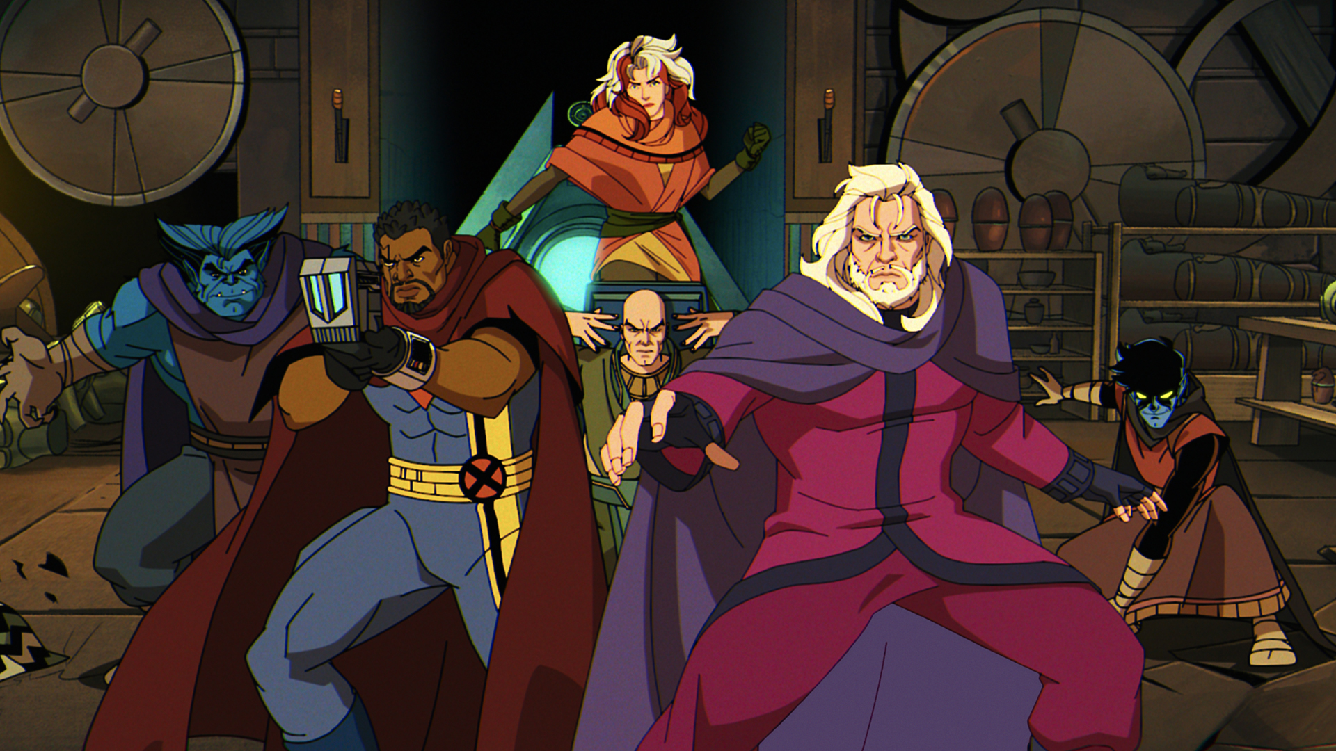 Beast, Bishop, Rogue, Professor X, Magneto, and Nightcrawler preparing to fight in X-Men 97 season 2