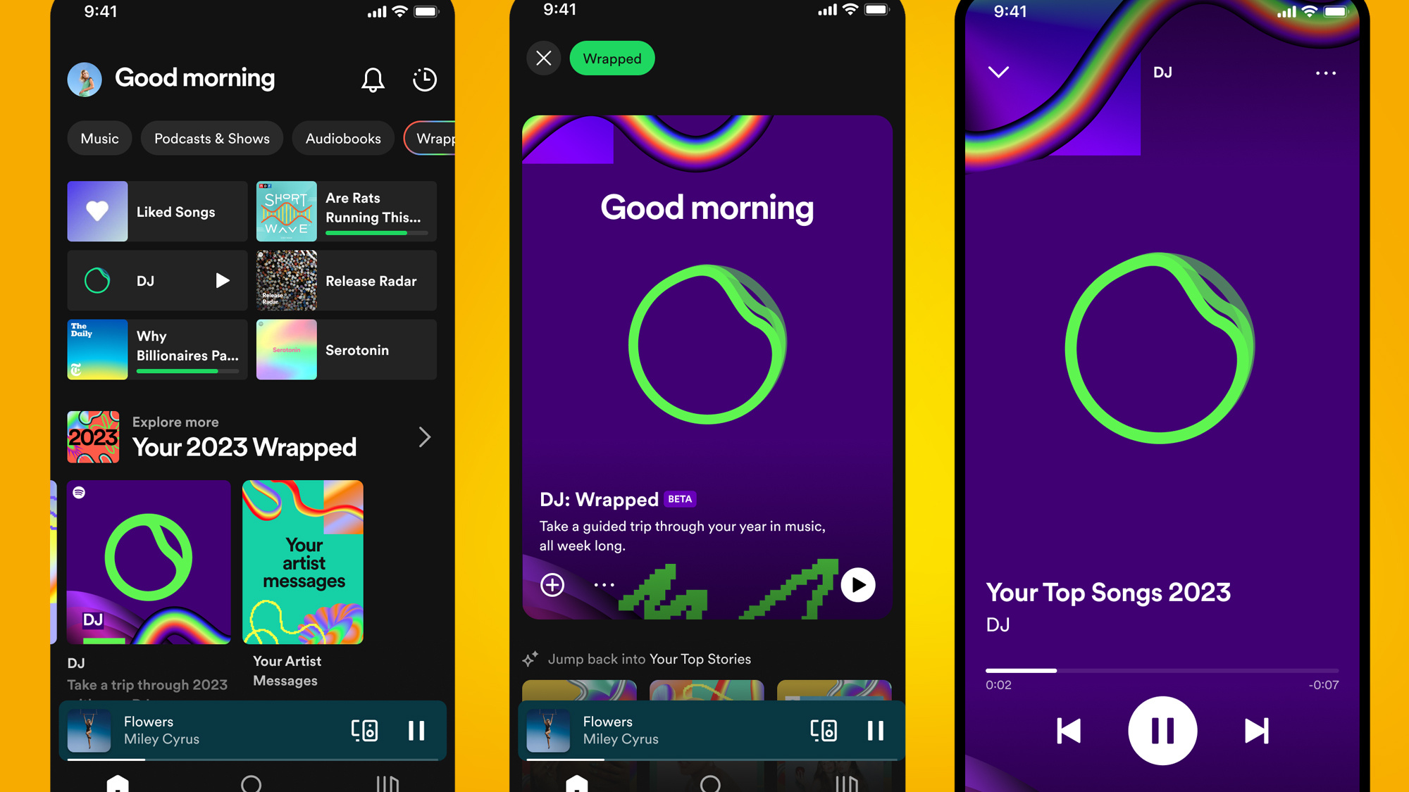Three phones on an orange background showing Spotify Wrapped 2023