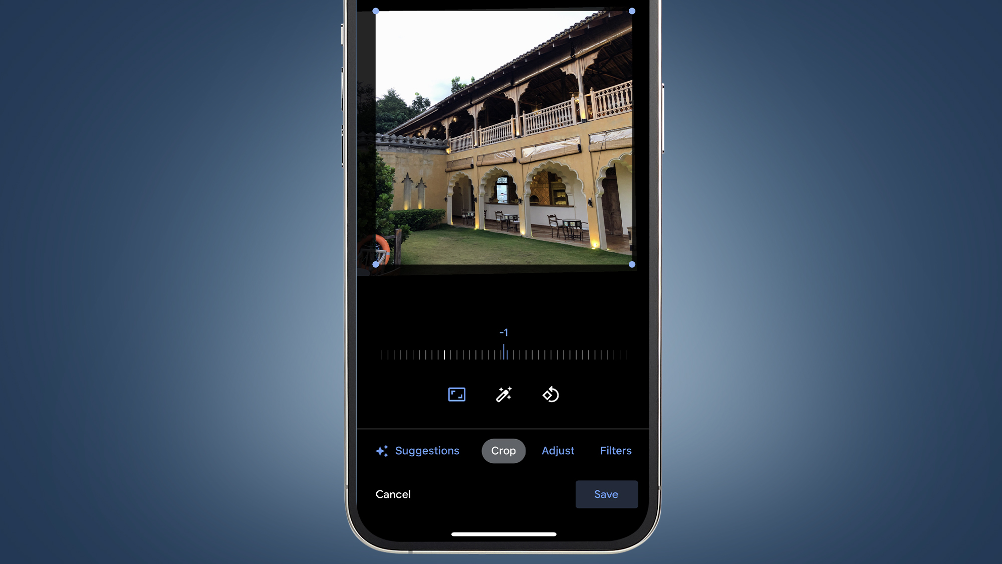 A phone screen showing the Google Photos edit tools