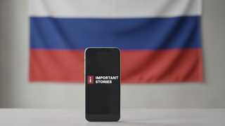 Smartphone with Imporant Stories logo on screen, Russia flag in the background