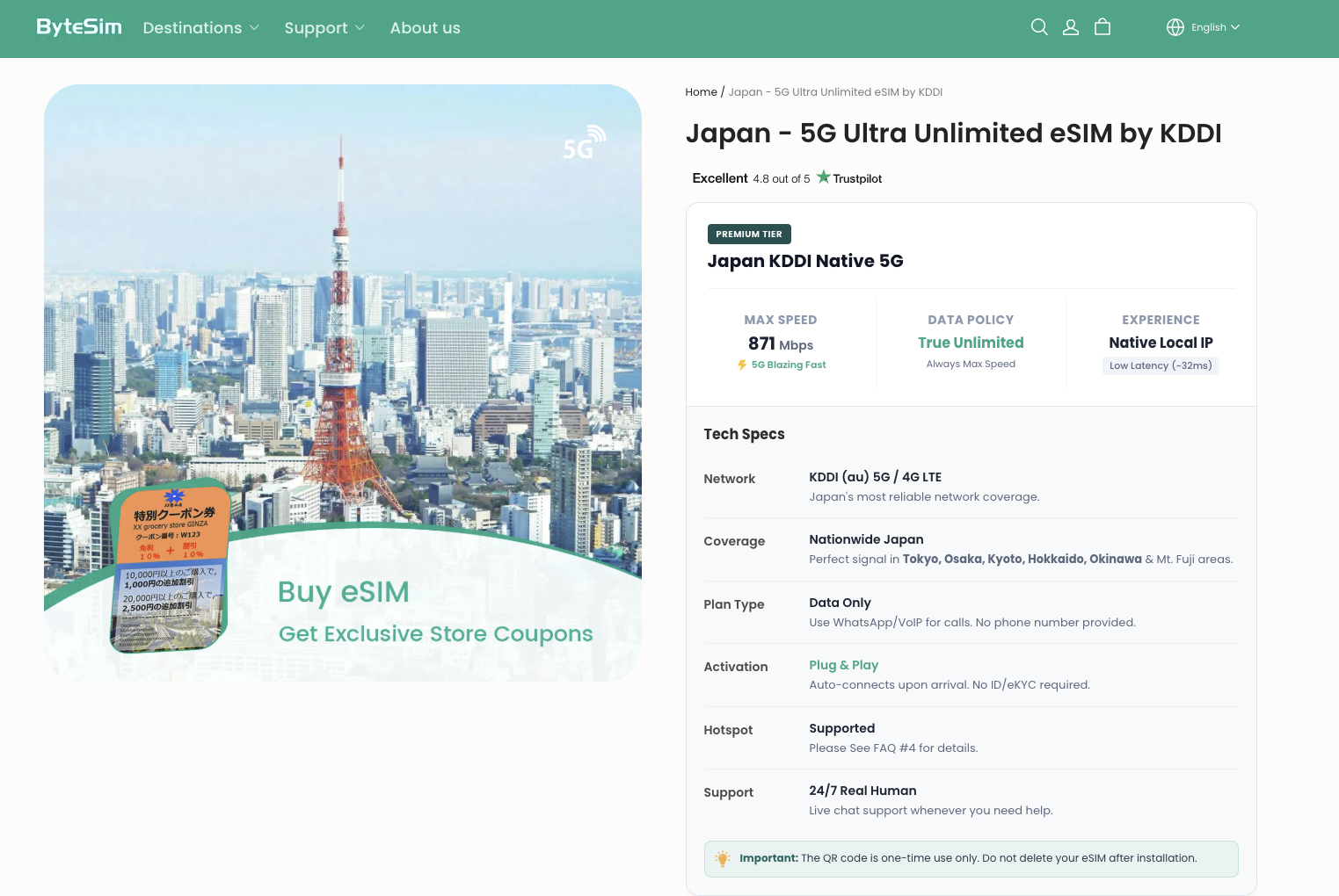 An screenshot showing ByteSIM for Japan