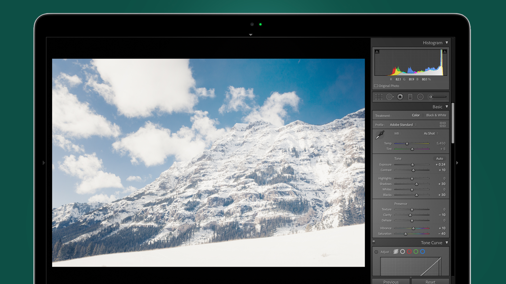 Mountain photo being edited with a Lightroom preset