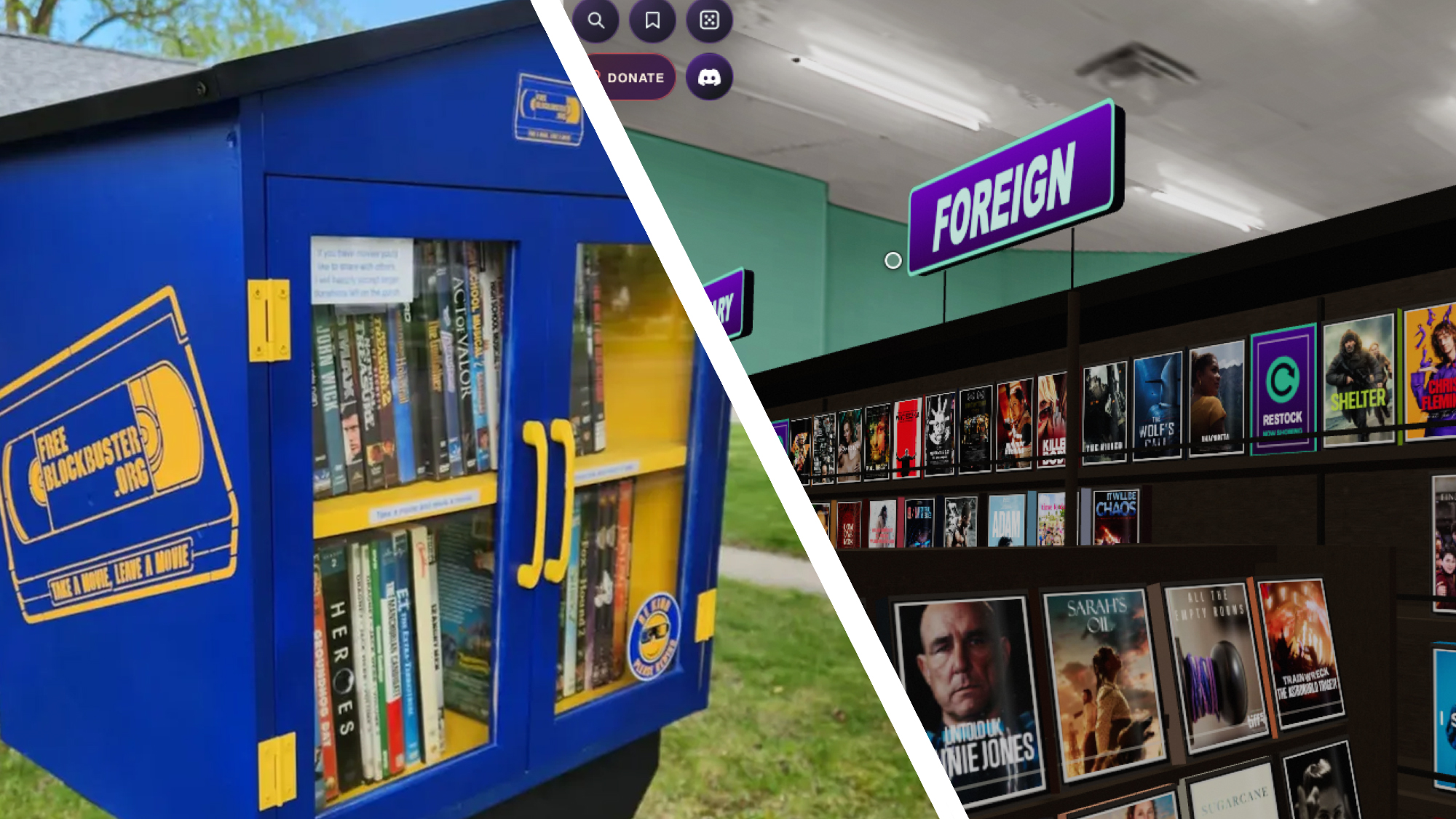 A Free Blockbuster library box next to a screenshot of the virtual video store BingeBrowse