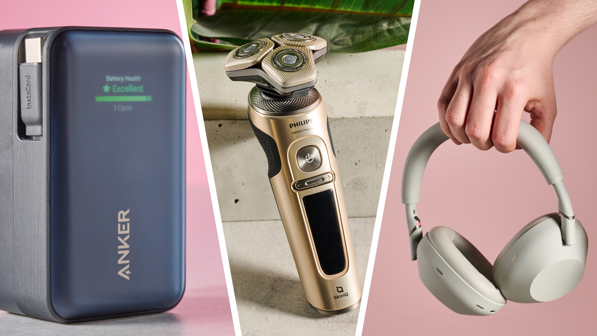 Anker power bank, Philips shaver, and Sony headphones beside one another