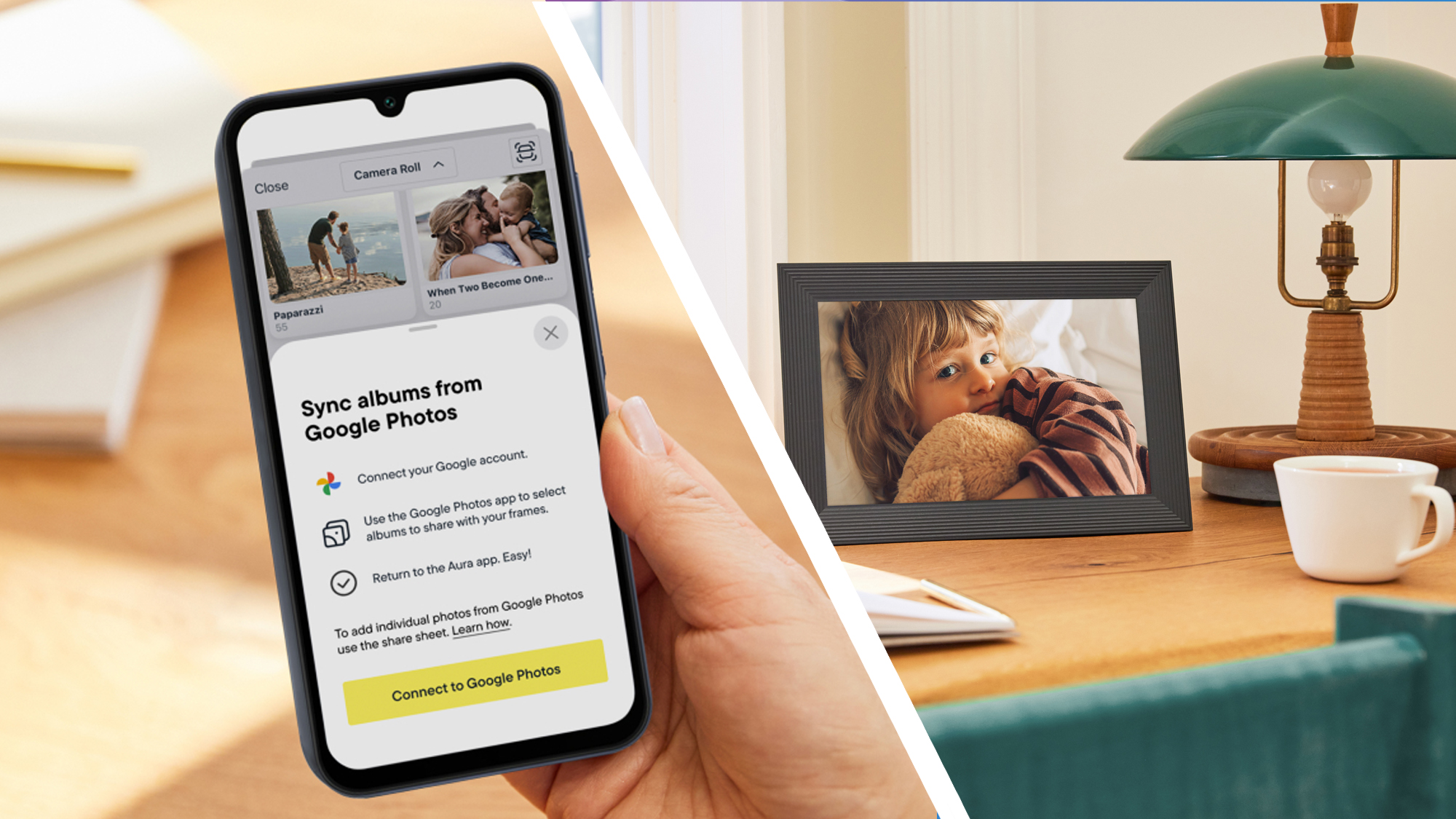 Left: Aura Frames app on a phone in person's hand, with Google Photos integration option. Right: An Aura digital photo frame on a desk