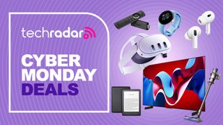 Meta Quest 3, Kindle Paperwhite, Dyson V10, AirPods Pro 2, Pixel Watch 2, Fire Stick HD and LG C4 on a purple background with 'Cyber Monday Deals' text in a boxout