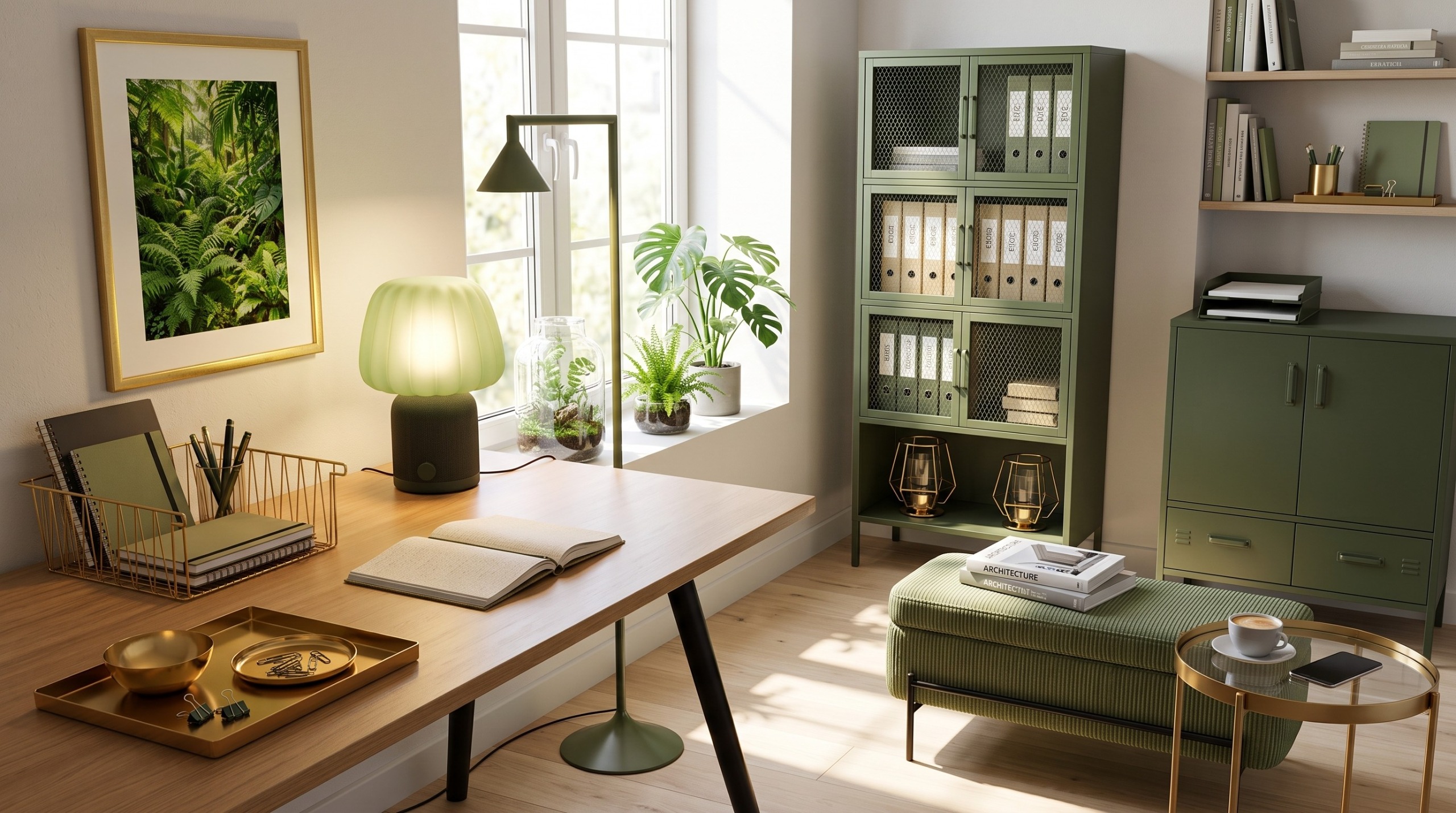 Home office with assorted green and gold accessories and pieces of furniture from IKEA
