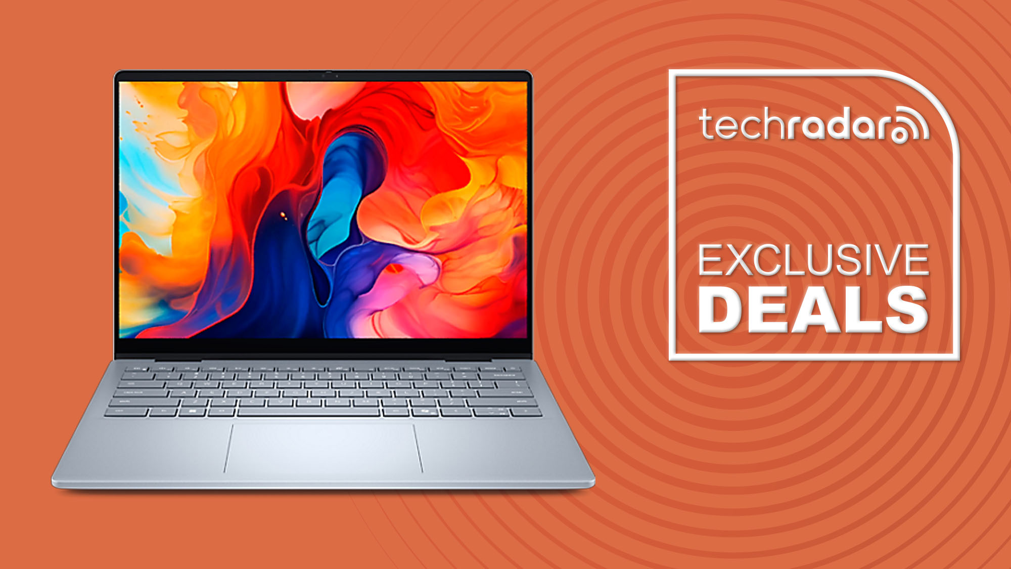 A Dell 14 Plus against an orange TechRadar background