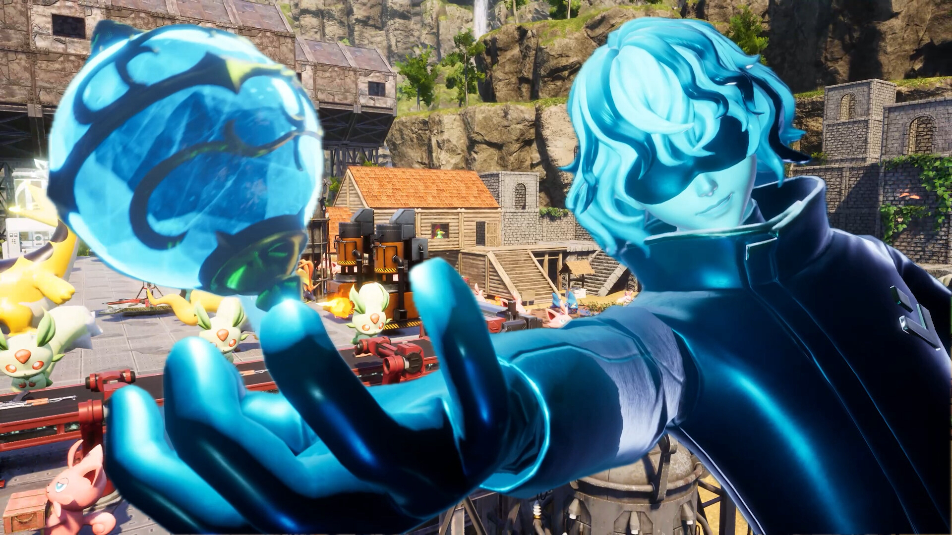 A player holds out a blue Mega Sphere as Pals work away in the background
