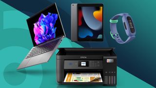 Acer Swift Go, Espon Printer, Fitbit Ace 3 and iPad 10.2-inch on a green background