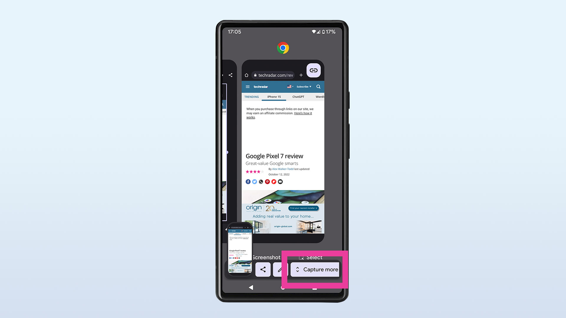 Screenshot of a Google Pixel 6 on a blue background, showing the capture more settings