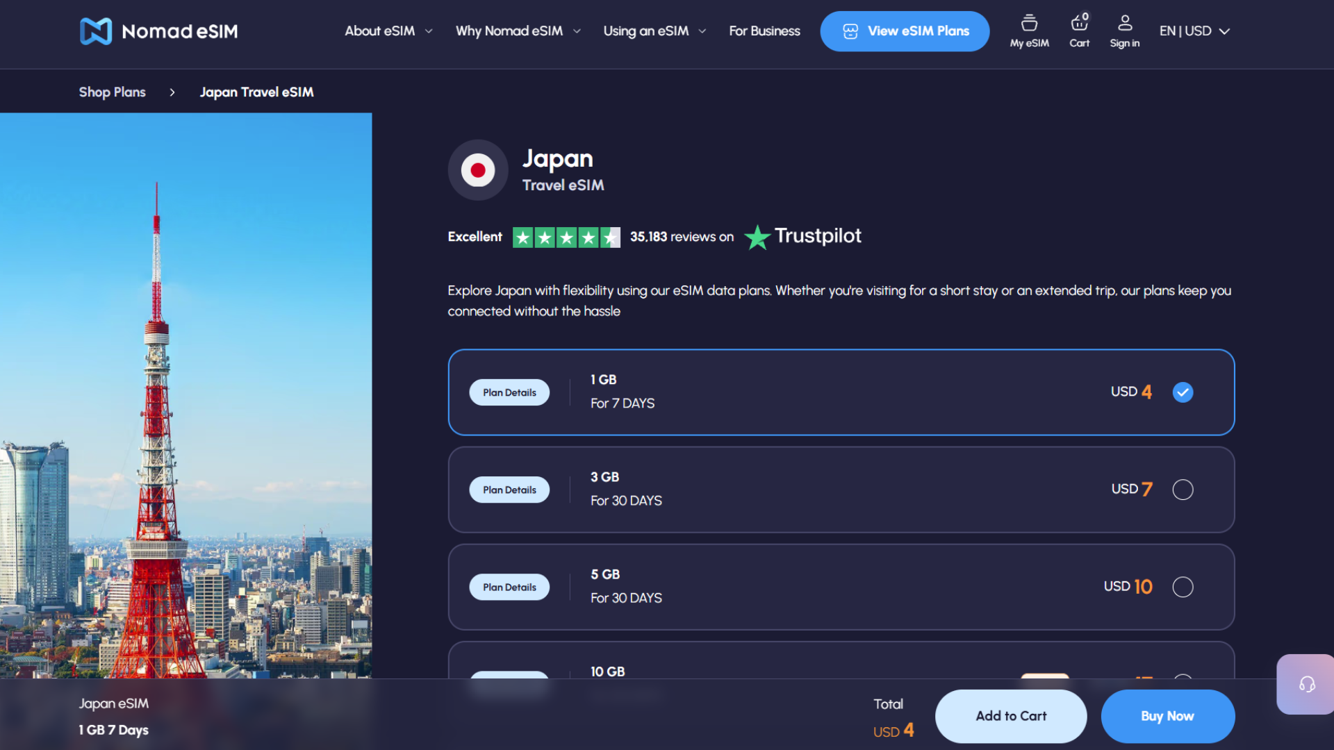 Nomad eSIM for Japan homepage