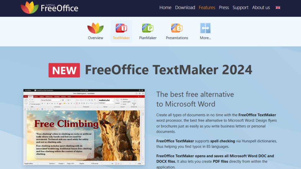 Website screenshot of FreeOffice TextMaker (January, 2026)