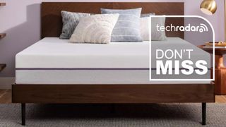 The Purple mattress on a bed with a graphic overlaid saying "DON'T MISS"