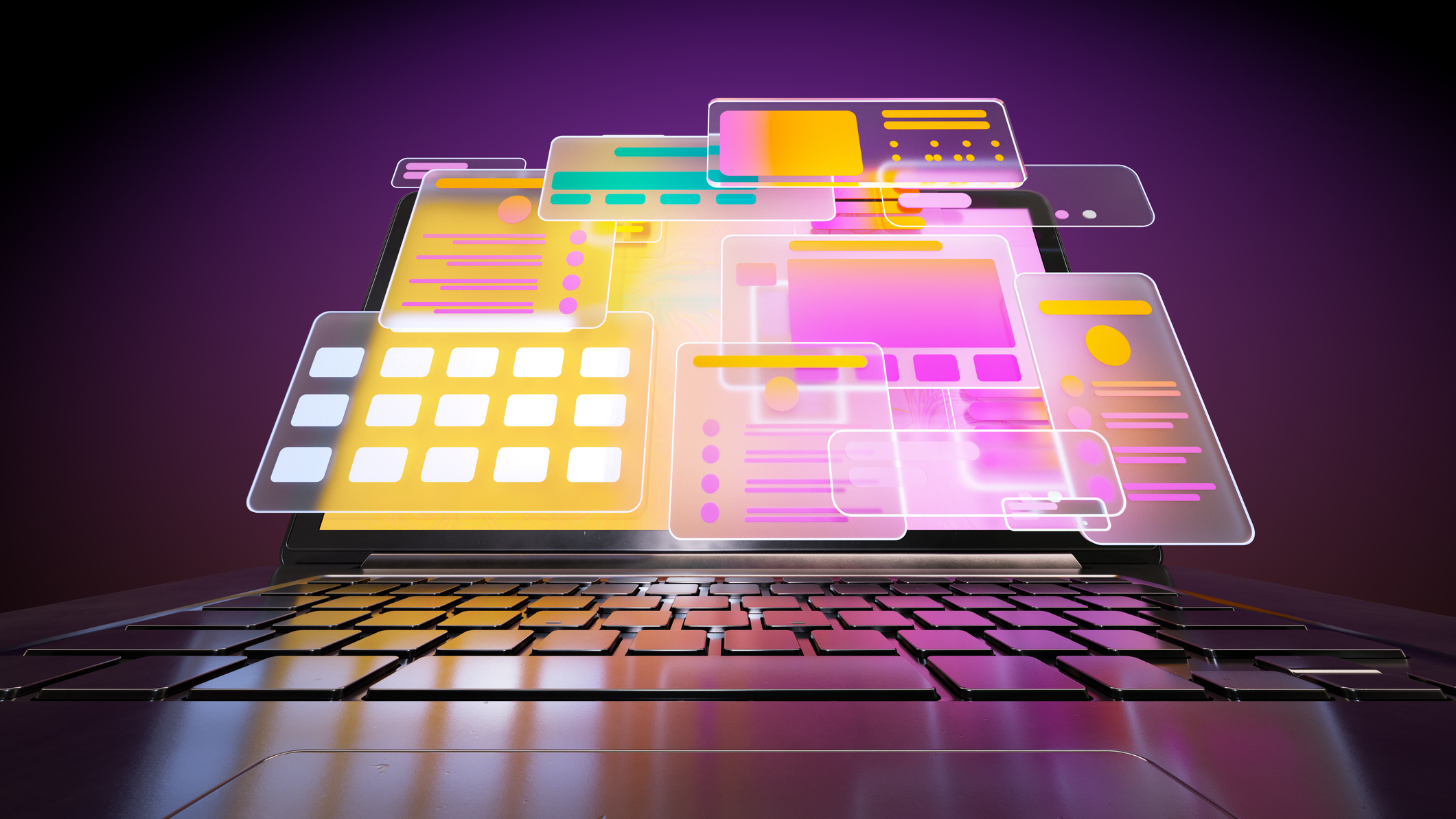 Stylized graphic of login screens overlaid on a laptop screen